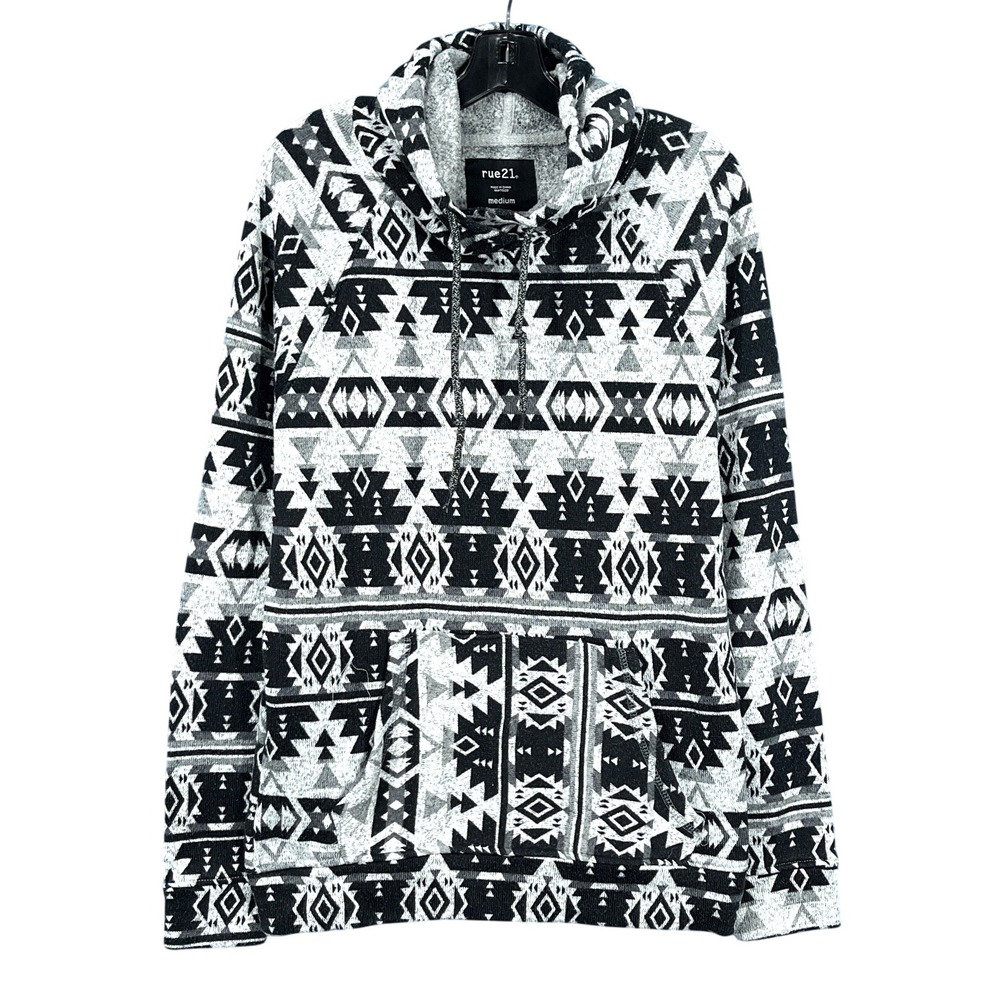 VTG RUE 21 Mallcore MEN'S Black/Gray AZTEC PRINT Pockets LONG SLV Hoodie Shirt M